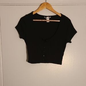 H&M Black Button Front Ribbed Crop Top Short Sleeve Stretch Fitted Tee